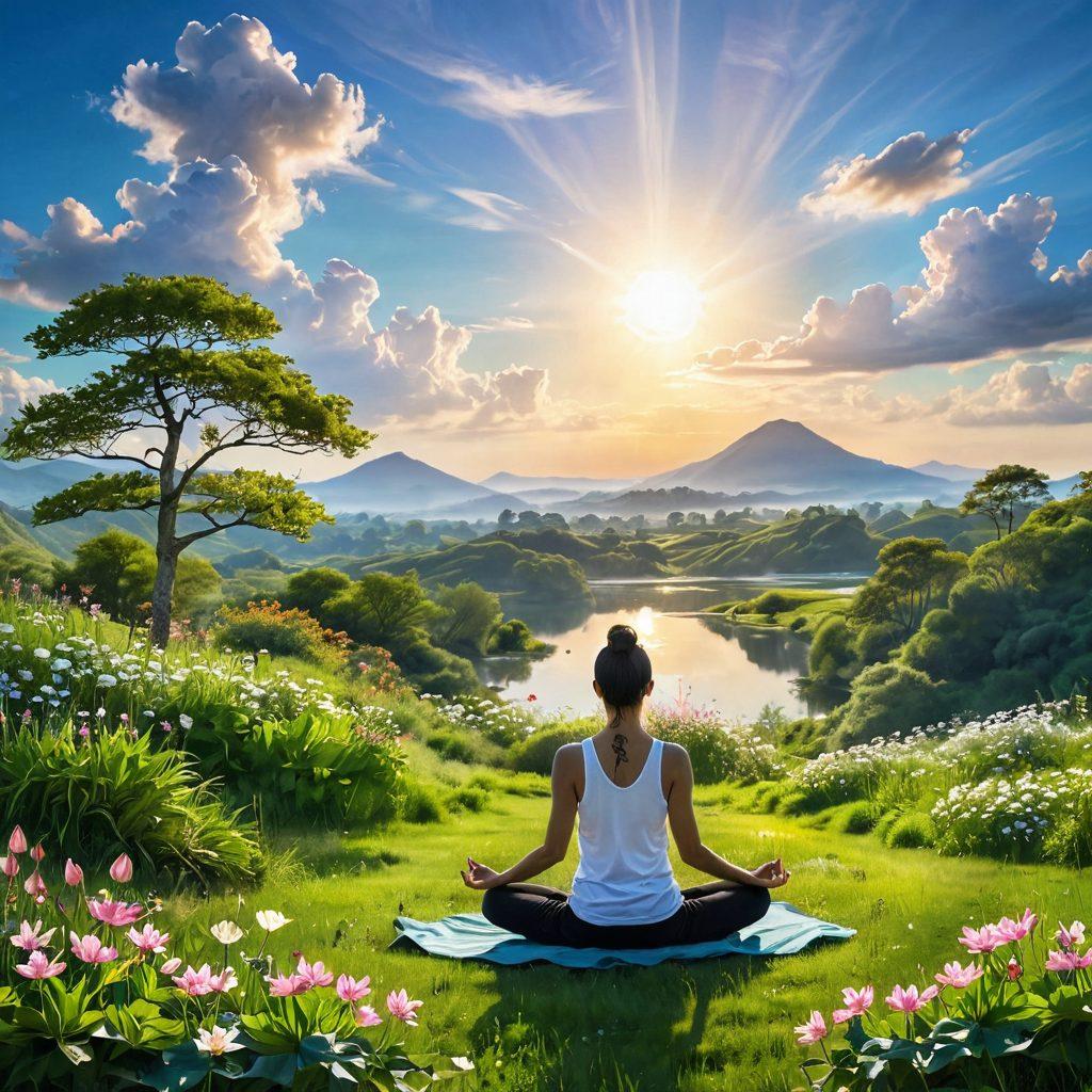 A serene landscape featuring a meditative figure sitting cross-legged on a vibrant green hill, surrounded by blossoming flowers and a clear blue sky. Wispy clouds float gently above, while soft rays of sunlight illuminate the scene, casting a warm, inviting glow. In the foreground, subtle symbols of mindfulness, like a lotus flower and calm water, enhance the theme. The overall atmosphere is peaceful and uplifting, inviting the viewer to embrace mindfulness. super-realistic. vibrant colors. white background.