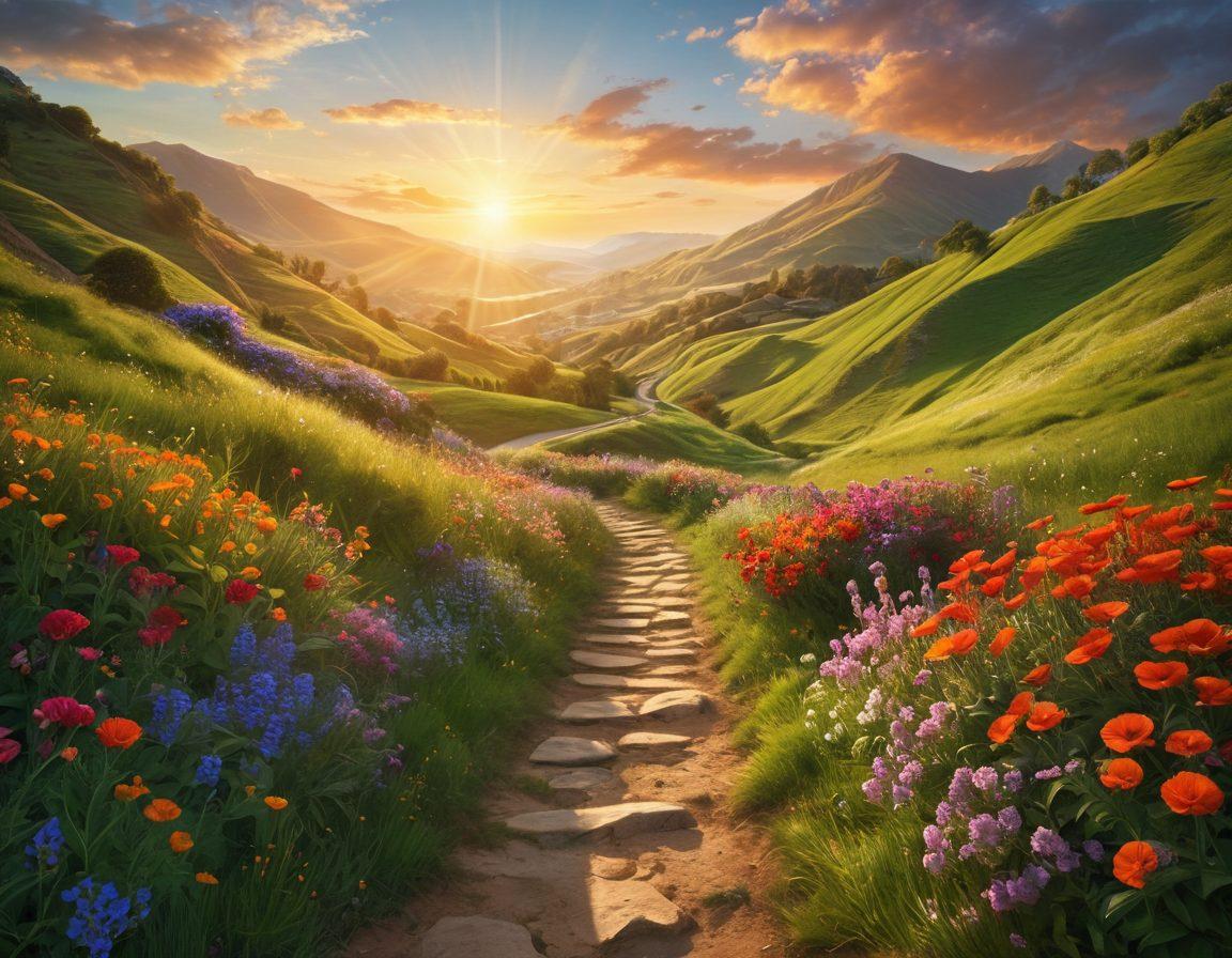 A radiant sun rising over a serene landscape, symbolizing the dawn of positive thoughts; lush green hills adorned with vibrant flowers representing joy and fulfillment; a path winding through the scenery, inviting the viewer to embark on a journey of self-discovery and positivity; ethereal light beams illuminating the scene, conveying a sense of euphoria. super-realistic. vibrant colors. tranquil atmosphere.