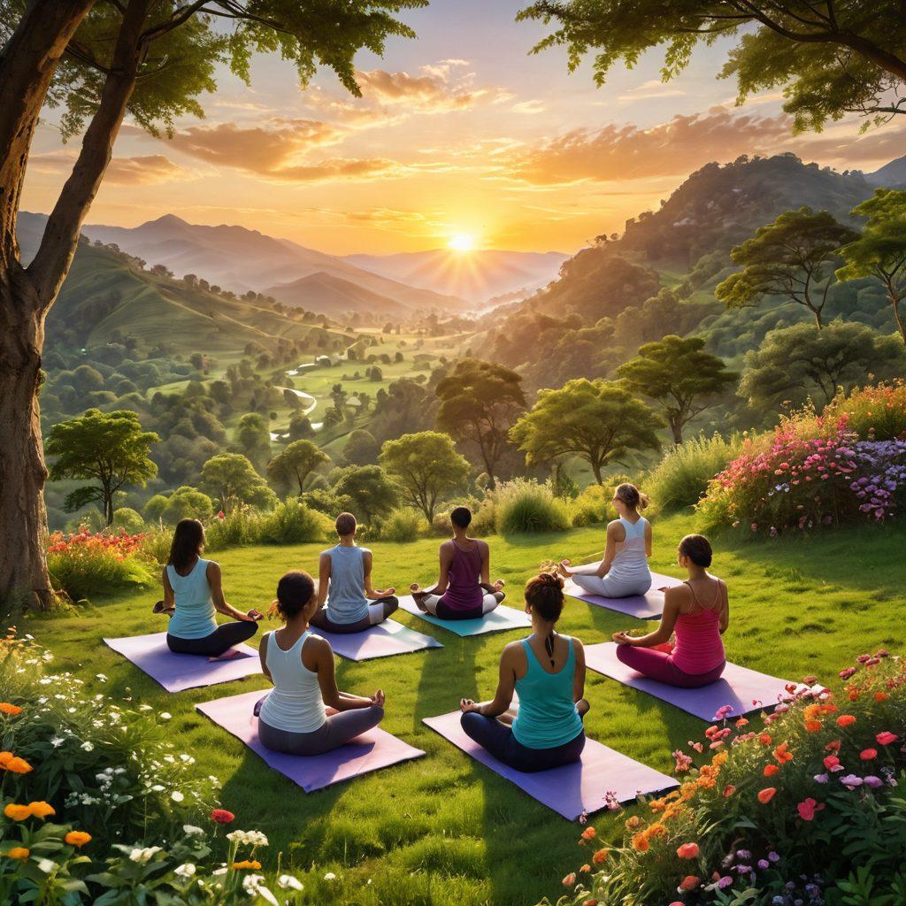 A serene landscape depicting a radiant sunrise over a lush green valley, symbolizing new beginnings. In the foreground, a diverse group of people engaging in joyful activities like yoga, laughter, and sharing moments together, illustrating the essence of happiness coaching. Soft, glowing light enhances their smiles and connections, surrounded by vibrant flowers and trees. dreamy, inspirational, nature-focused. vibrant colors. 3D.